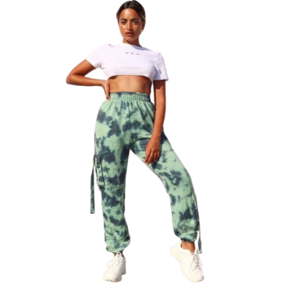 Pretty Little Thing Cargo Sweatpants, Green & Blue Tie Dye